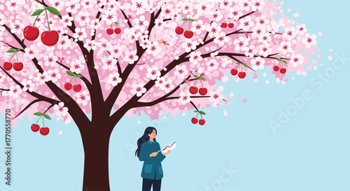Woman enjoys reading a book under a beautiful cherry blossom tree filled with ripe red cherries on a clear spring day.