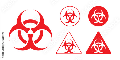 Biohazard flat icons set. Warning signs for hazardous material, safety precaution. Risk of radioactivity, nuclear and toxic sign. Chemical warning triangular vector isolated on transparent background.