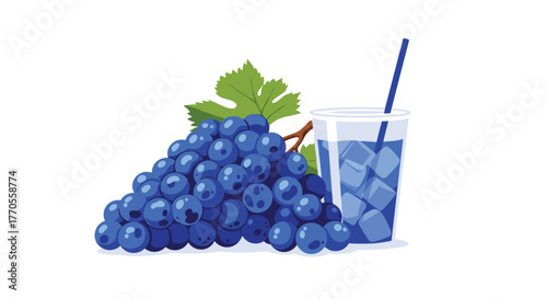A vibrant pixel art illustration featuring a fresh bunch of blue grapes alongside a refreshing glass of iced grape juice with a straw.