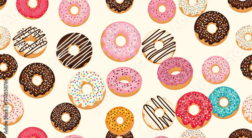 A delightful seamless pattern featuring an assortment of colorful frosted donuts with various toppings against a light background, perfect for sweet-themed designs.