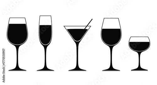 An assortment of elegant wine, champagne, and martini glasses, filled with dark liquid, presented as striking silhouettes.