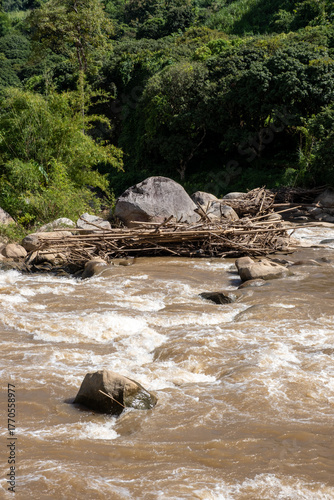 Mae Taeng River Rapids with Rocks and Driftwood, Chiang Mai