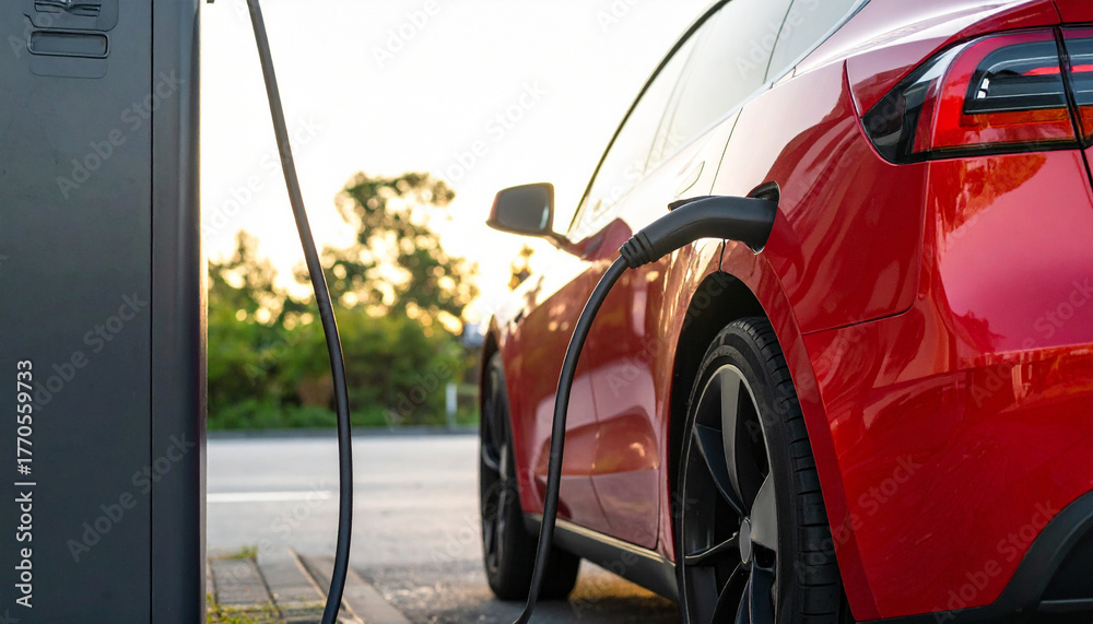 Obraz premium 光を受けて輝く赤い電気自動車がEV充電装置で再び動力を得るエコドライブの時間