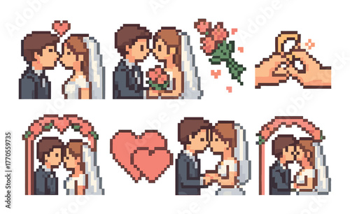 Pixel art wedding scenes: romantic couple celebrations and love symbols