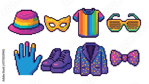 Colorful retro pixel art: rainbow fashion accessories and clothing