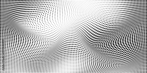 Flowing dots particles wave pattern halftone gradient curve shape isolated on white background. Vector in concept of technology, science, music, vector illustration.