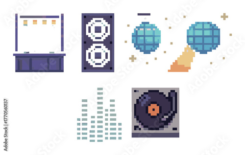Vintage pixel art of nightclub scene with disc jockey and disco balls