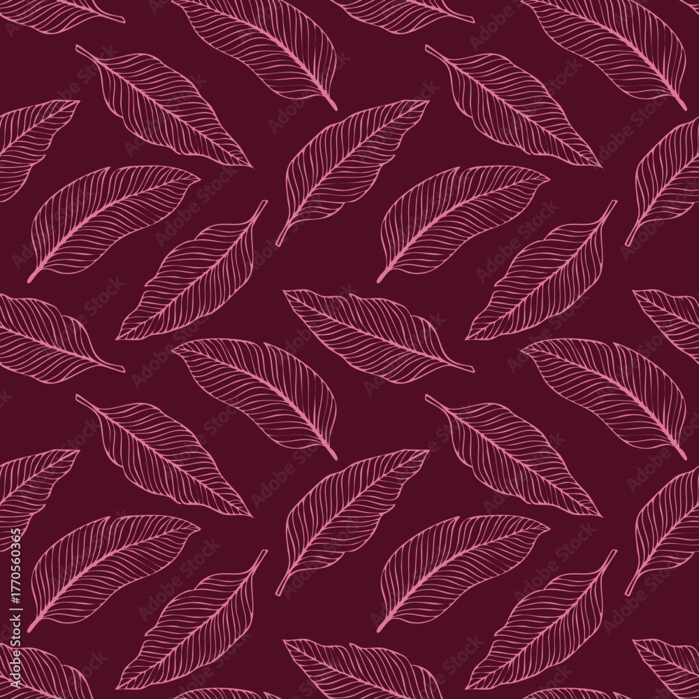 Obraz premium Doodle feather leaf line art dark red background