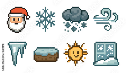 Pixel art winter icons: santa, snowflakes, clouds, wind, icicle, snow, sun, frosted window