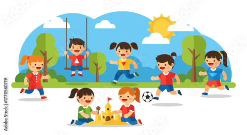Happy cute children playing games together in a park on a sunny summer day