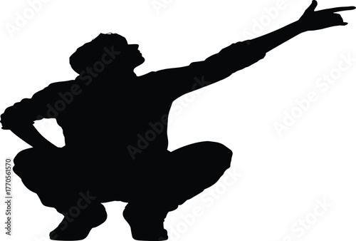 Vector silhouette illustration of person squatting and pointing upward and pointing upward in dynamic pose for gesture concept, direction theme, and posture design layout