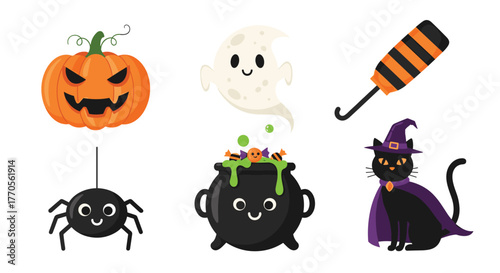 Cute cartoon Halloween elements including a jack-o'-lantern, ghost, spider, cauldron, striped party popper, and black witch cat, isolated on white.