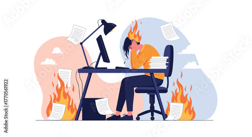 Stressed person with head on fire at a desk surrounded by burning papers and clouds.