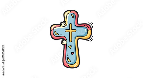 Whimsical faith: A colorful hand-drawn cross design filled with peace and love details