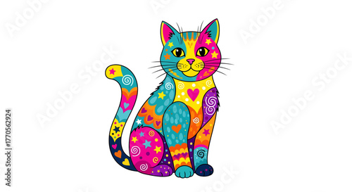 Whimsical feline friend: A vibrant and uniquely patterned cat illustration full of joy