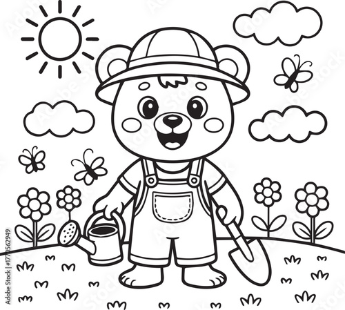 kids coloring pages, Happy bear gardener is surrounded by flowers, butterflies, clouds and sun transparent