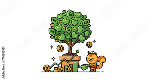 Whimsical illustration of a squirrel watering a money tree indicating financial growth and