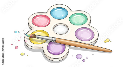 Whimsical paint palette with brush, colorful pastel shades ready for artistic exploration on white