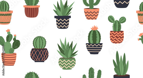 A vibrant illustration of various cacti and succulents in decorative pots, arranged on a white background, creating a cheerful pattern.