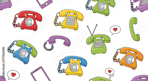 Whimsical telephone communications, colorful cartoon telephones, vintage designs,seamless