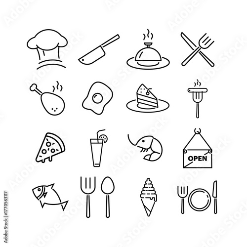 Set of outline icons related to restaurant, cafe, and bistro. Linear food and drink icon collection with utensils, chef, menu, and kitchen elements. 
Editable stroke. Vector illustration.
