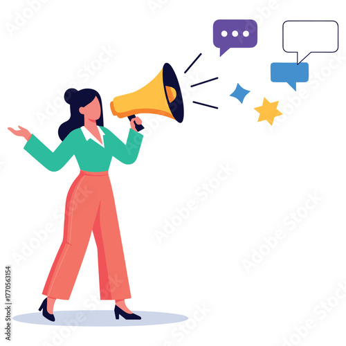 Young hispanic female communicator with megaphone and speech bubbles