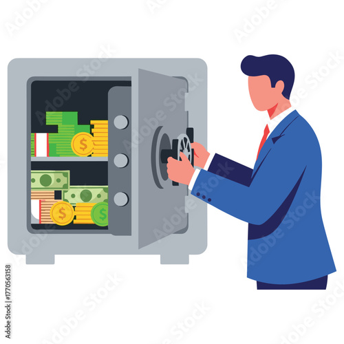 Male opening safe with cash and gold coins inside