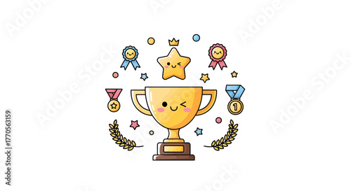 Winning spirit illustration featuring a cute trophy and celebratory awards arrangement