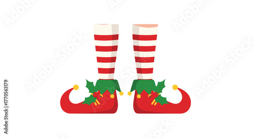 A delightful illustration of festive elf legs in red and white striped stockings with whimsical shoes adorned with holly and golden bells.