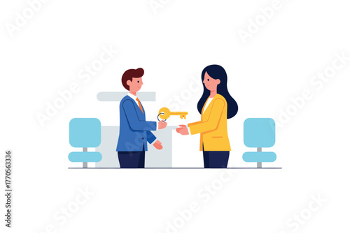 Business deal: caucasian male and female executives exchanging keys in office