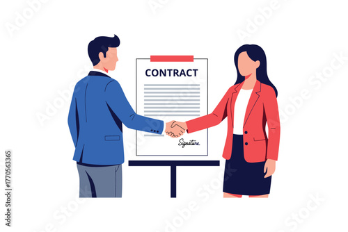 Business agreement: caucasian male and hispanic female shaking hands in front of contract