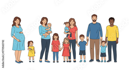 Diverse group of families standing together, representing different family structures and stages of life, promoting inclusivity and community, in a colorful and welcoming illustration.