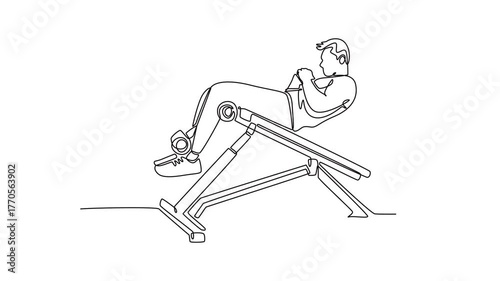 Animated self drawing of continuous line draw attractive young man is performing sit-up or crunch on abdominal decline bench, focused core strength and intense training. Full length one line animation