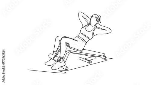 Animated self drawing continuous line draw beauty woman performing sit-up or crunch on abdominal decline bench, illustrating focused core strength and intense training. Full length one line animation