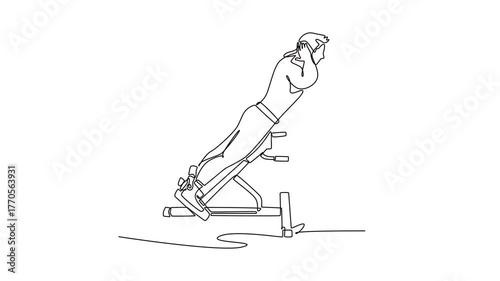 Animated self drawing of continuous line draw active man doing hyperextension or back extension exercise on roman chair, focused lower back strength and core training. Full length one line animation