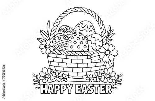 kids coloring pages, Monochrome easter basket brimming with decorative eggs and flowers creates a delightful spring scene