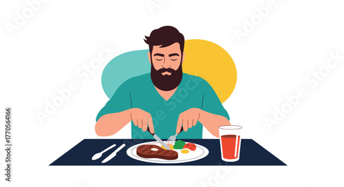 Illustration of a man eating a steak with a side of vegetables and a drink at a table, enjoying his meal happily with his eyes closed.