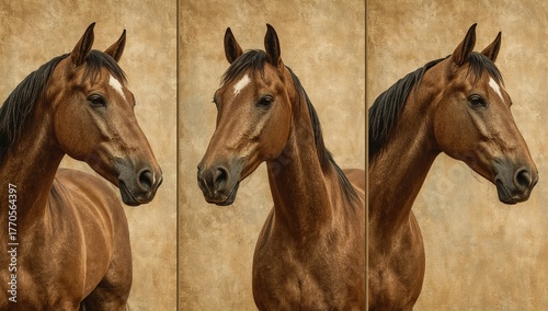 Horse Portraits Triptych — Antique oil-paint study of horses in warm sepia tones, vintage equestrian wall art and smartphone wallpaper.