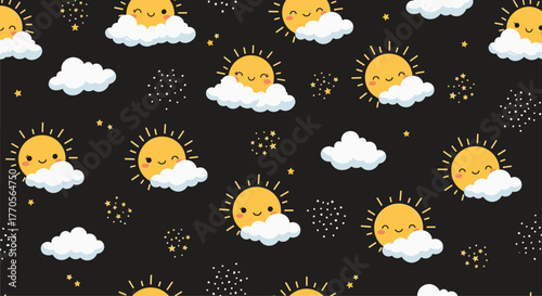 Cheerful pattern of smiling suns partially covered by fluffy white clouds amidst twinkling stars on a dark night background, suitable for children's textiles.
