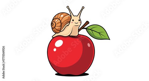 A cute cartoon snail smiling while sitting on top of a delicious red apple with a green leaf attached to it.