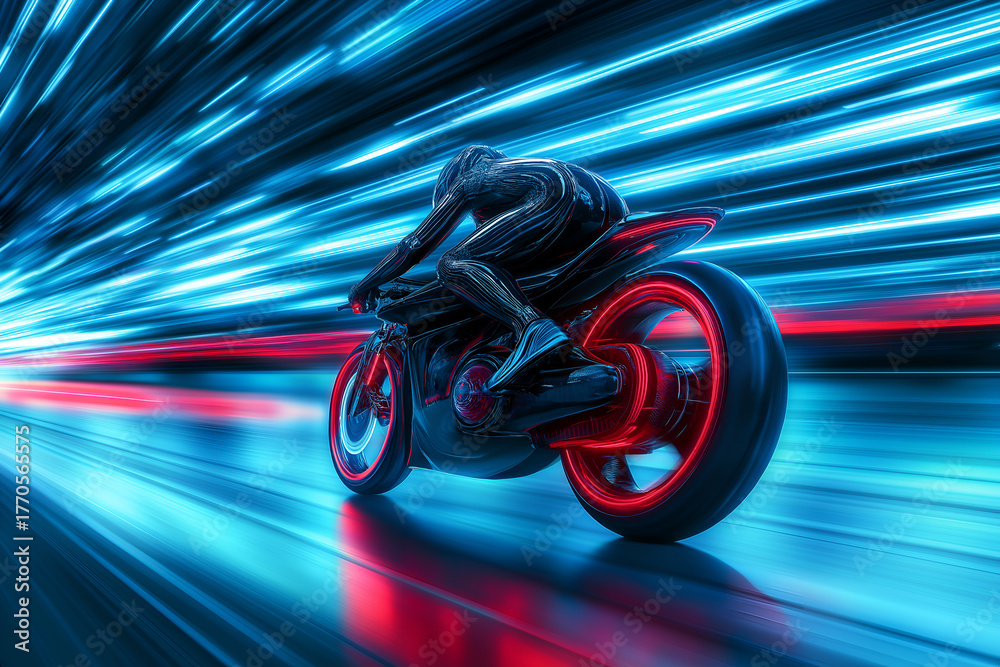 Obraz premium Futuristic racing bike in motion with light trails and blur 