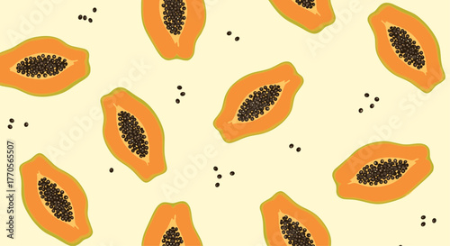 A vibrant, seamless pattern featuring halved papayas with black seeds on a pale yellow background.