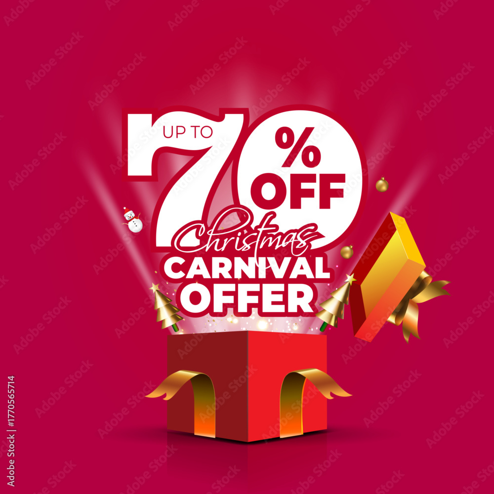 Fototapeta premium Open gift box with Christmas carnival offer, sale, up to 70% off, winter deal, discount logo unit on red background.