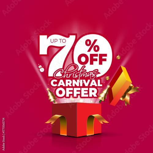 Open gift box with Christmas carnival offer, sale, up to 70% off, winter deal, discount logo unit on red background.