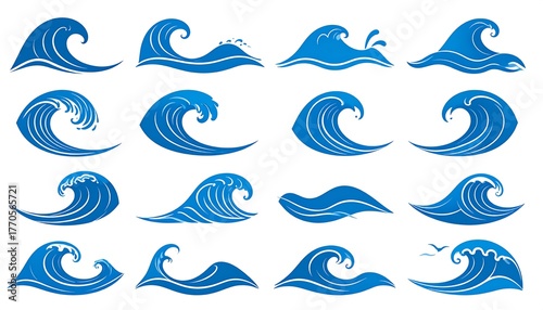 Fototapeta Naklejka Na Ścianę i Meble -  Collection of stylized blue water wave illustrations with white highlights and varying shapes. Various ocean and sea patterns