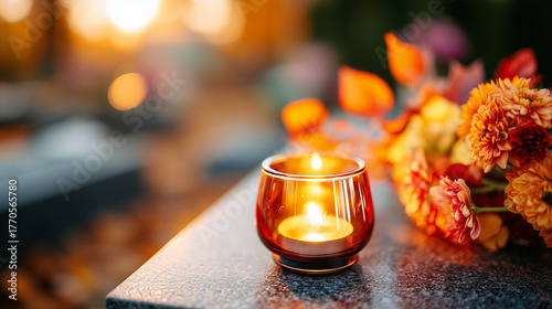 Grave Decoration with Lit Votive Candle and Chrysanthemums, Autumnal Day Ligt, All Saints' Day and All Souls' Day in Poland, Day of the Dead Memorial Tradition, Honoring the Dead.