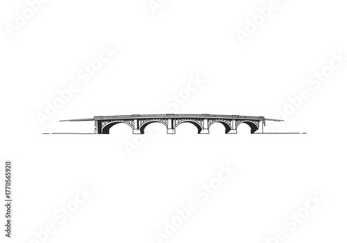 A black and white line drawing of a bridge with multiple arches