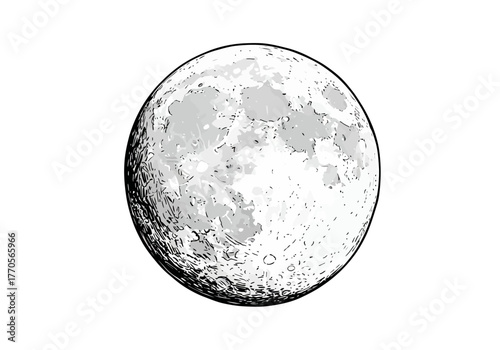 A blackoutlined illustration of a graytoned full moon with textured craters and shading details
