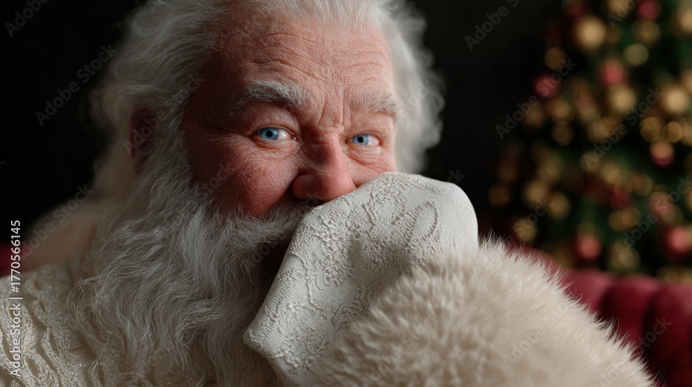 Obraz premium A joyful elderly man with a white beard and warm blue eyes smiles, holding a decorative mitten, A festive Christmas tree with colorful ornaments is visible in the background