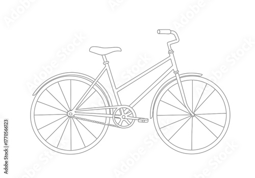 A detailed line drawing of a bicycle complete with wheels frame seat handlebars chain and pedals